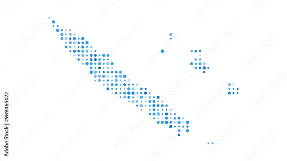 Poster new caledonia dotted digital map. map of new caledonia with pulsating colored circles. shape of the 