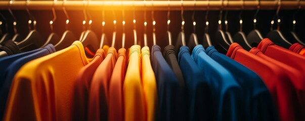 Colorful shirts hanging in a clothing store.