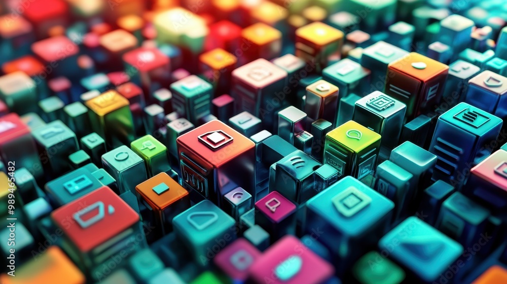 Poster a vibrant array of colorful digital icons densely packed together, creating an abstract representati
