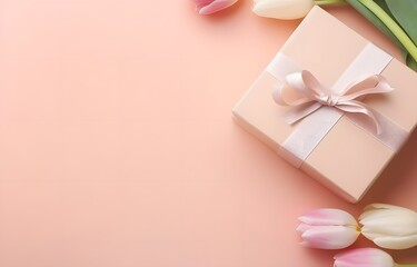 Gift Box with Pink Ribbon and Tulips