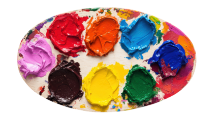 Oval artist palette with vibrant paints of various colors. The array of bright hues showcases a range of creativity and artistic potential. Isolated on transparent background, png.