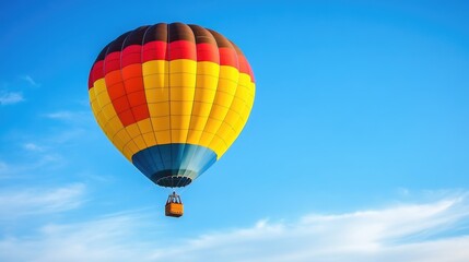 Colorful hot air balloon soaring in a clear blue sky creating a vibrant spectacle in the atmosphere