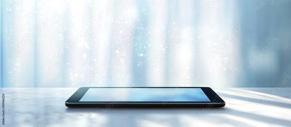 Poster digital tablet display on a light backdrop