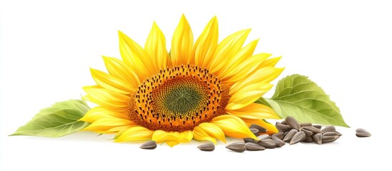 Fototapeta premium Sunflowers on a white background realistic illustration Single yellow flower with seeds and petals Depiction of agriculture and autumn sunflower seed harvest