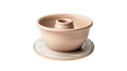 Clay pottery being shaped on a spinning wheel during the crafting process. Early stages of forming a vessel using traditional pottery techniques. Isolated on transparent background, png.