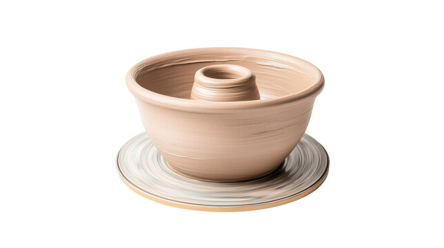 Clay pottery being shaped on a spinning wheel during the crafting process. Early stages of forming a vessel using traditional pottery techniques. Isolated on transparent background, png.