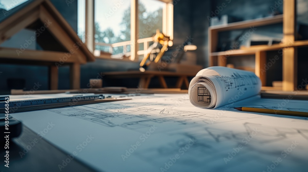Poster architectural design elements including project plans and technical drawings showcasing an architect