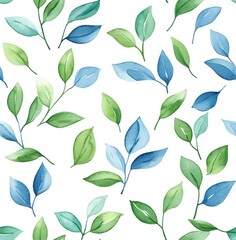 Watercolor, light blue and green leaves, white background, seamless pattern