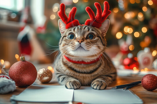 Adorable cat in reindeer antlers and Santa hat sits at desk, paws grasping pen, surrounded by scribbled notes and torn wrapping paper scraps.
