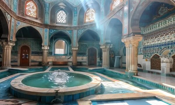 Bathhouse with intricate tilework, hyperrealistic Video