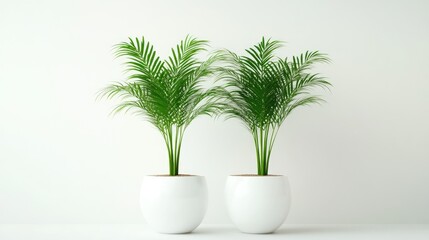 Obraz premium Two green palms in white pots isolated on a white background A representation of home decor and a symbol of growth and ecological sustainability