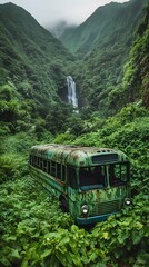 Old Rusty Bus Abandoned in Overgrown Forest, Pattern Background, Wallpaper, Cover and Screen for Smartphone, PC, Laptop, 9:16 and 16:9 Format