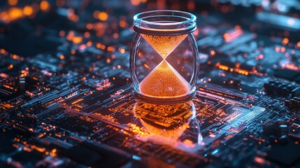 Hourglass with glowing particles on a futuristic circuit board. Concept of time machine, data processing and network technology. Design for wallpaper, tech background, and conceptual art.
