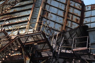 Old red brick and metal buildings in Closed metallurgical plant in Lower Vitkovice, part of famous tourist industrial complex, Ostrava, Czech Republic
