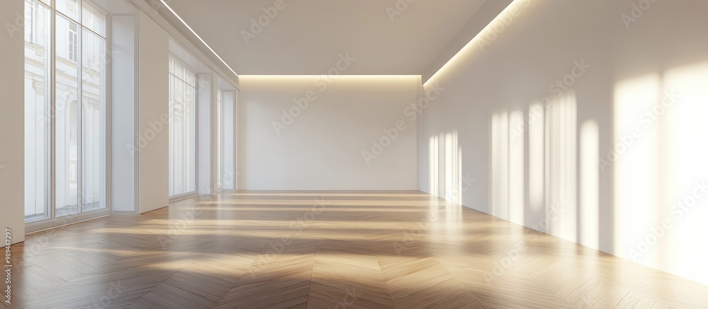 Poster minimalist interior of an empty room featuring white walls and wooden parquet flooring showcasing mo