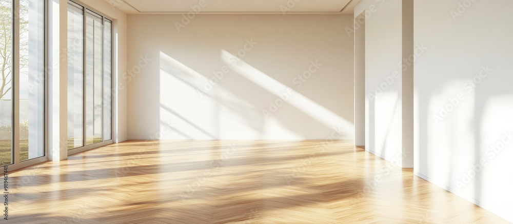 Poster minimalist interior of an empty room featuring white walls and wooden parquet flooring showcasing mo