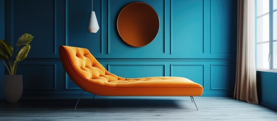 Blue room featuring an orange chaise lounge