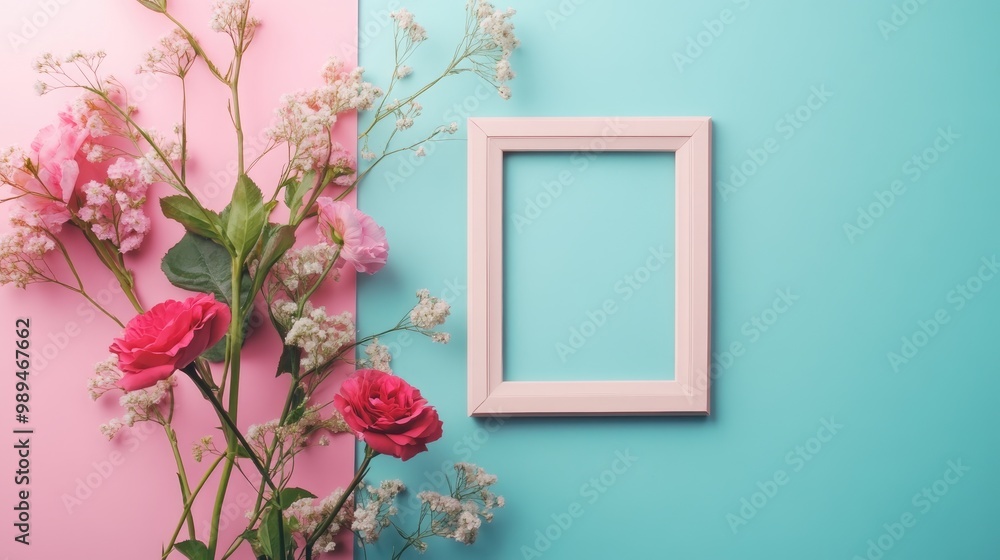 Poster pastel themed scrapbook company profile presentation featuring an empty frame and flowers in a flat 