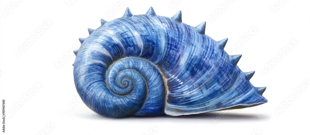 Poster blue marine shell with a round spiral shape featuring conical spikes and a fan like structure restin