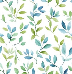 Watercolor, light blue and green leaves, white background, seamless pattern
