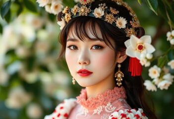 Portrait of a Woman in Traditional Chinese Attire with Floral Headpiece and Earrings