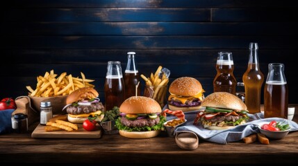 A mouth-watering spread of gourmet burgers, fries, and beers set against a dark wooden background in a cozy, rustic setting.