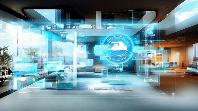 Futuristic smart home interface, digital holographic technology in a modern living space, advanced AI automation and control system