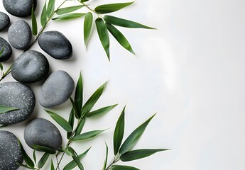 Spa Stones and Bamboo Leaves on White Background