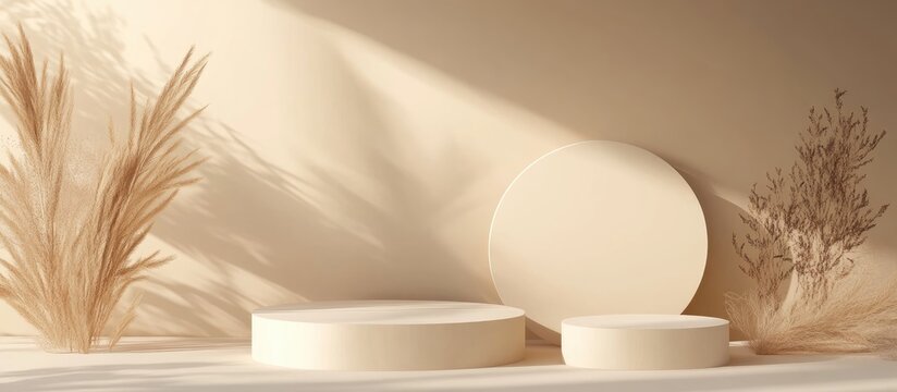 Neutral beige circular podiums in a flat lay arrangement for product presentation backdrop