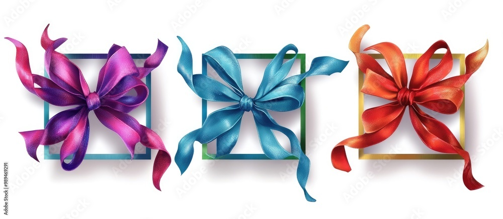 Poster multicolored frames set in irregular square shapes featuring twisted ribbons and bows holiday themed