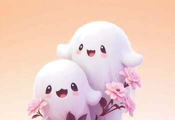Fototapeta premium Cute ghosts holding pink flowers, halloween theme, illustration wallpaper