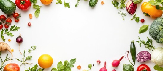 Fresh organic vegetables arranged on a white background viewed from above with space for text Watercolor wreath design