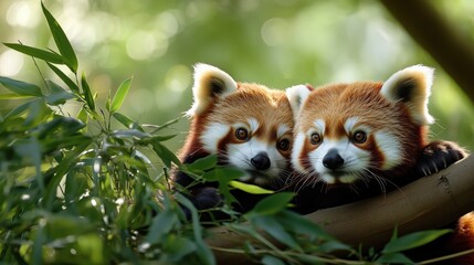 Fototapeta premium 穏やかな日本の風景の中で竹の木の下でくつろぐかわいいレッサーパンダ