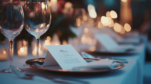 Elegant dining setup featuring fine glassware and a beautifully arranged table for an evening event