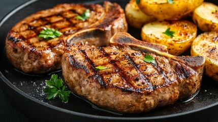 Juicy grilled chops served with golden-brown roasted potatoes, garnished with fresh parsley on a skillet.