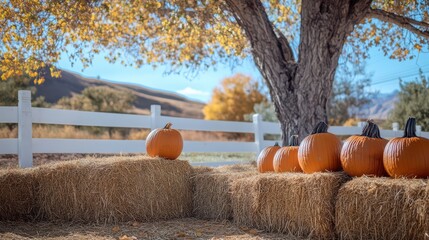 An autumn photo of pumpkins on hay bales in front of a white wooden fence, with a blue sky and a tree in the background