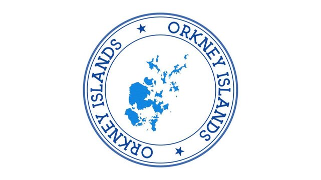 Orkney Islands intro. Badge with the circular name and map of island. Orkney Islands round logo animation.