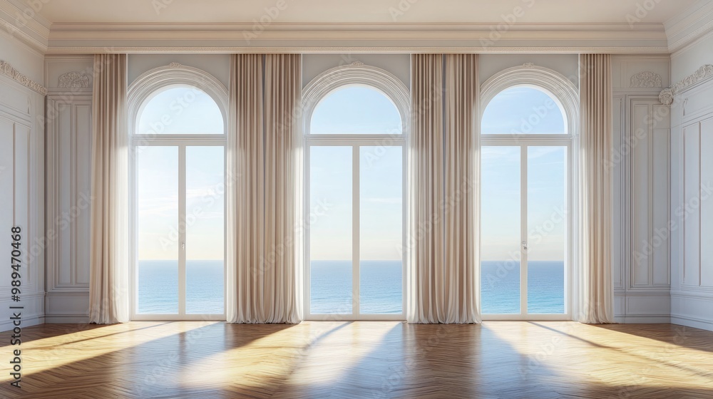 Poster empty interior space with ample room for text featuring large panoramic windows draped with curtains