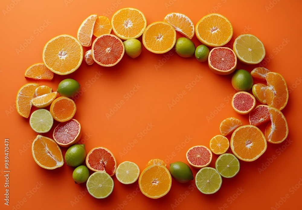 Poster Citrus Fruit Arrangement on Orange Background