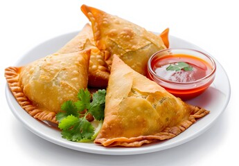 Crispy Samosas with Spicy Sauce on Plate