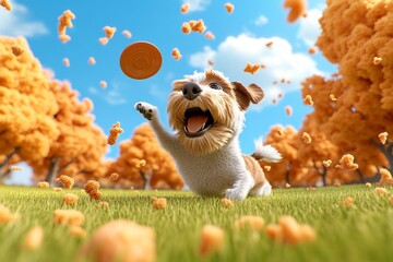 A 3D-animated dog catching a frisbee, with a detailed environment of trees, grass, and flying objects in a lifelike but digitally crafted scene