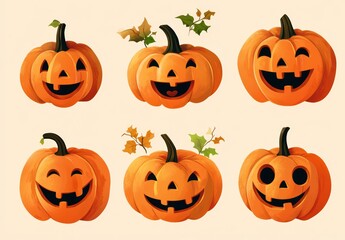 Set of drawn cute orange cartoon jack-o'-lanterns with different expressions and emotions, vector graphics with gradients