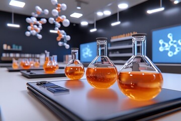 A 3D-animated science classroom, where students conduct experiments using virtual equipment and digital models of molecules and chemical reactions