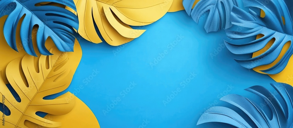 Poster blue and yellow paper backdrop featuring a tropical leaf flat lay composition with empty area for yo
