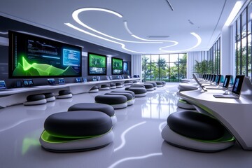 A 3D-rendered classroom in a futuristic school, with sleek, modern furniture and advanced technology integrated into every aspect of learning