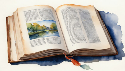 Obraz premium Aquarelle livre ouvert illustration histoire roman texte marque-page papier littérature école.