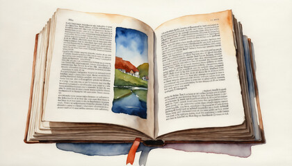 Obraz premium Aquarelle livre ouvert illustration histoire roman texte marque-page papier littérature école.