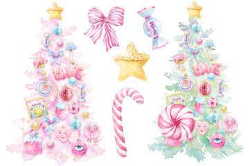 Cute Christmas Watercolor Holiday Set. Christmas tree Wreath Frame, cute girly ornaments, festive decor