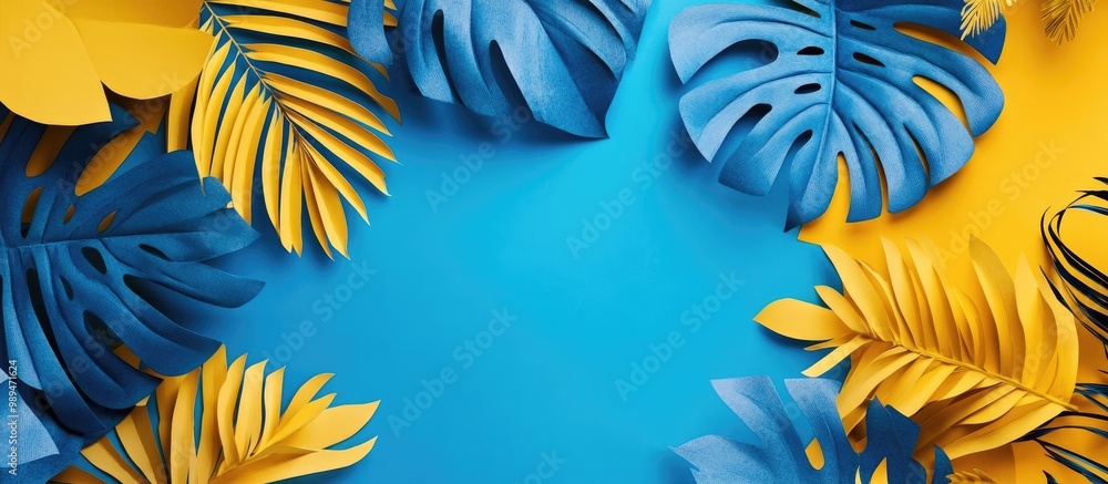 Poster blue and yellow paper backdrop featuring a tropical leaf flat lay composition with empty area for yo