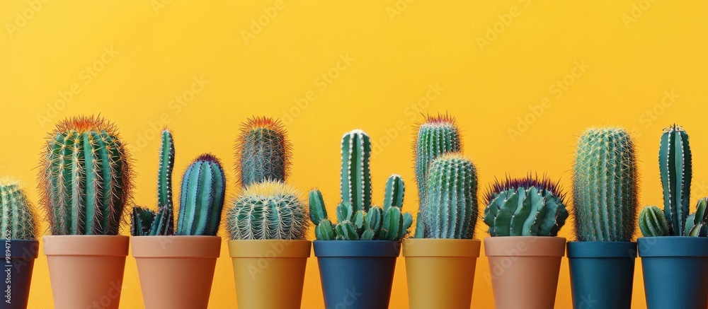 Poster potted cacti arranged in rows with a vibrant yellow backdrop